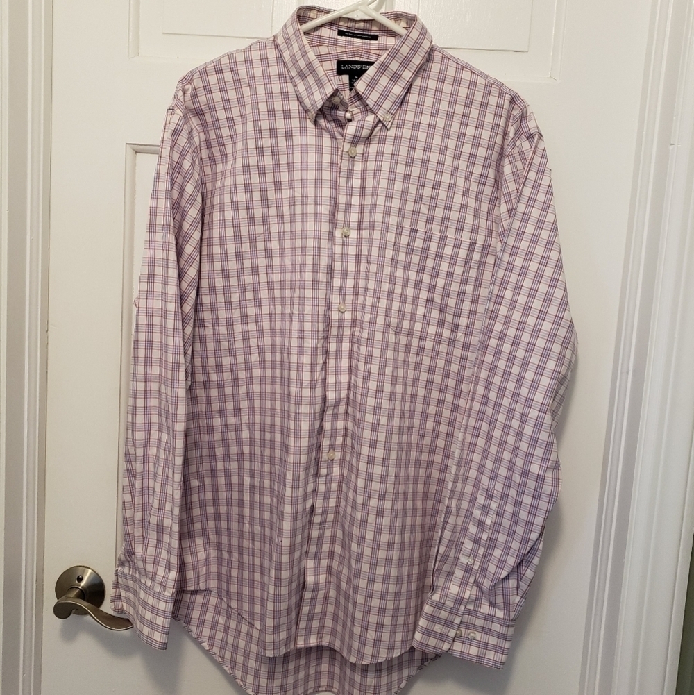 Lands' End Red/White/Blue Plaid Button Up Shirt Traditional Fit Size Large 16